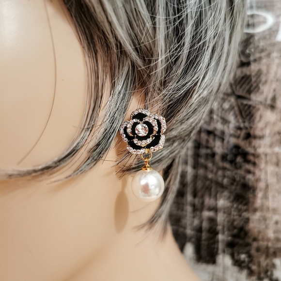 Earrings Camellia flower, dangle earrings Swarovski pearls, designer earrings,ce - Picture 8 of 8